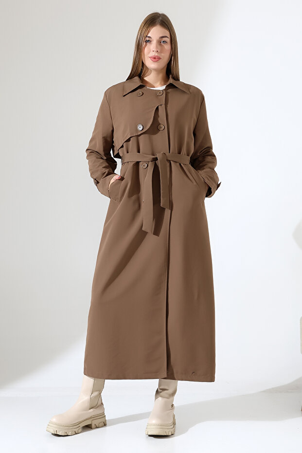 Keten Degaje Yaka Tam Boy Astarlı Kemerli Trenç Kot Sütlü Kahve - 1