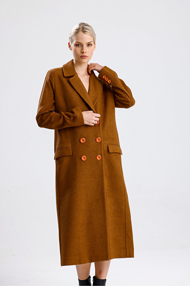 Lined Patterned Long Coat |   Kbn34176 Camel - 2
