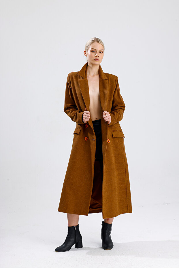 Lined Patterned Long Coat |   Kbn34176 Camel - 3