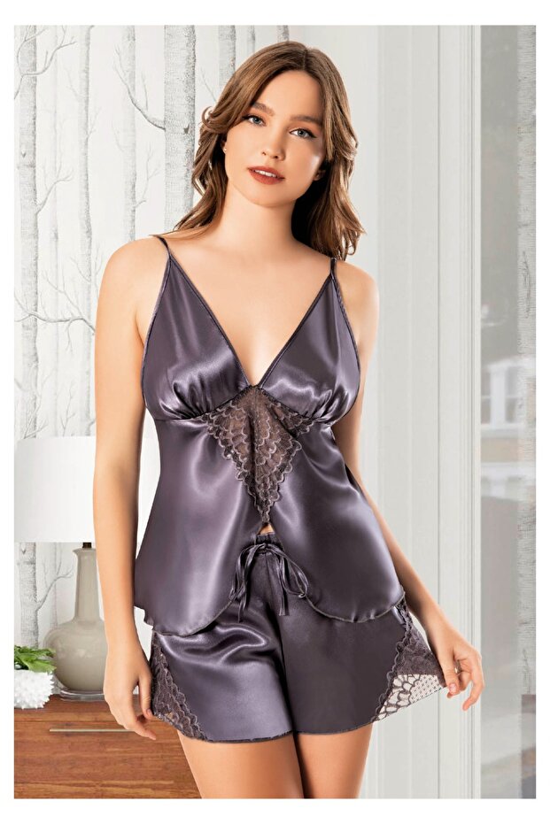 Dantelli Füme Saten Atlet Şort Takım - 1