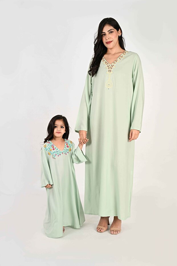 Kids Jalabiya – Pastel Grey Rayon Maxi with Full Loose Sleeves and Embroidery Detailing