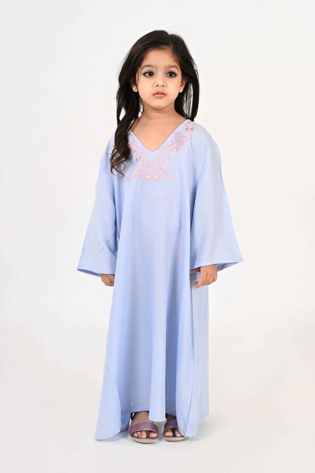 Kids Jalabiya – Blue Rayon Maxi with Full Loose Sleeves and Embroidery Detailing