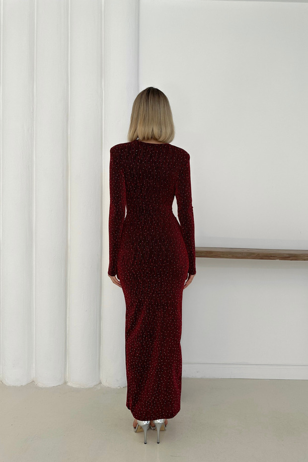 V Yaka Önü Burgulu Yırtmaçlı Taşlı Midi Elbise - 7