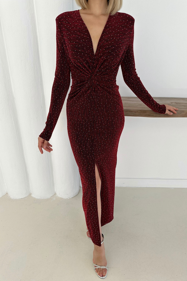 V Yaka Önü Burgulu Yırtmaçlı Taşlı Midi Elbise - 6