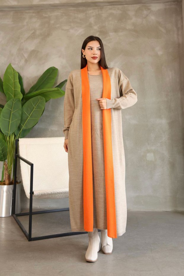 Women's Beige Crew Neck Dress and Cardigan Hijab Top and Bottom Set