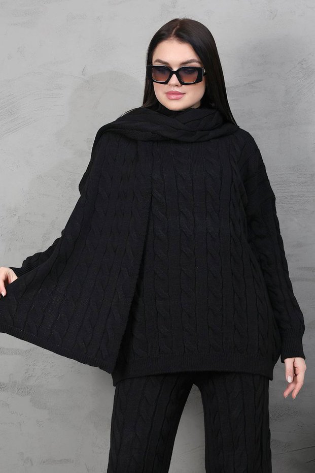 Women's Black Knitted Motif Sweater, Cardigan and Trousers 3-Piece Knitwear Set