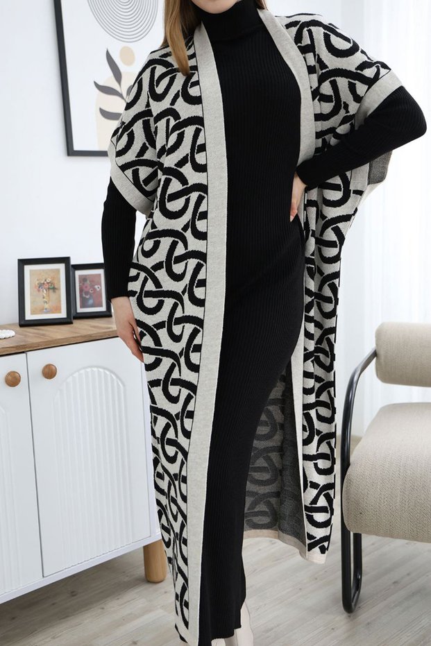 Women's Ecru High-Neck Knitwear Dress and Long Patterned Cardigan Top and Bottom Set