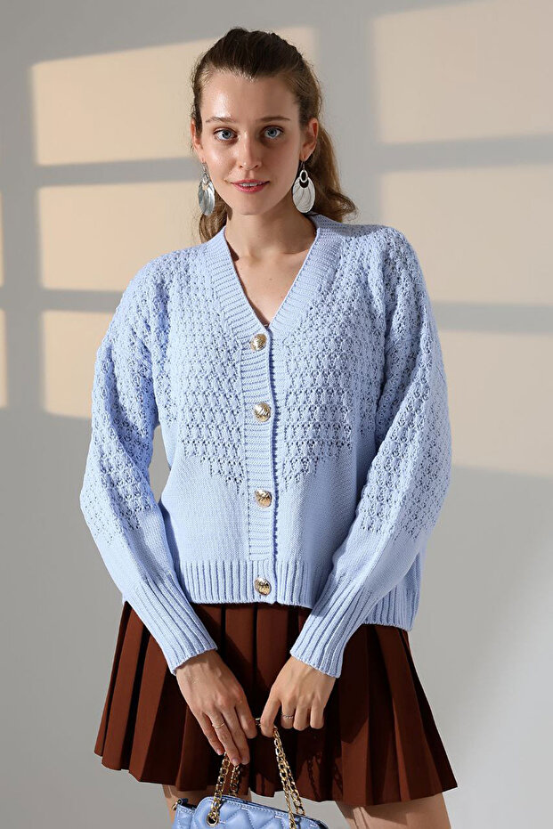 Women's Baby Blue Motif Patterned Buttoned Winter Knitwear Cardigan Loi̇a25-5267