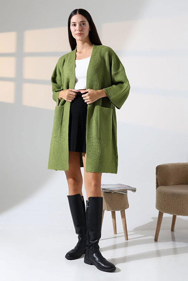 Double Pocket Half Sleeve Long Length Knitwear Cardigan