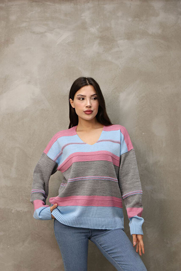 V-Neck Color Block Knit Sweater