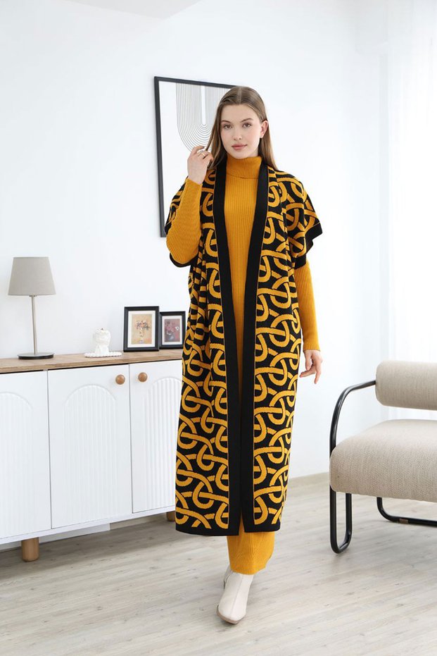 Women's Mustard High-Neck Knitwear Dress and Long Patterned Cardigan Top and Bottom Set