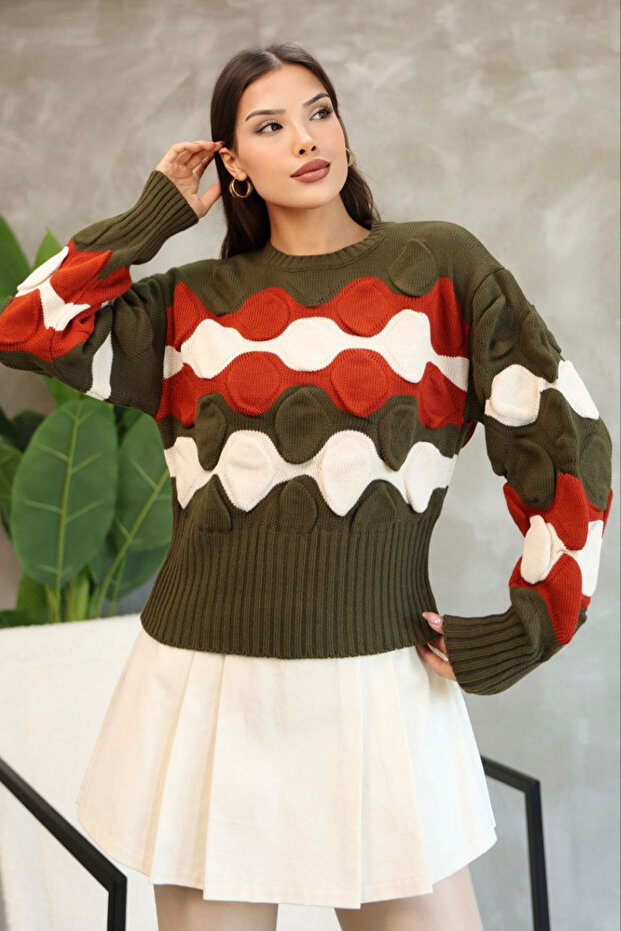 Crew Neck Embossed Patterned Knitwear Sweater