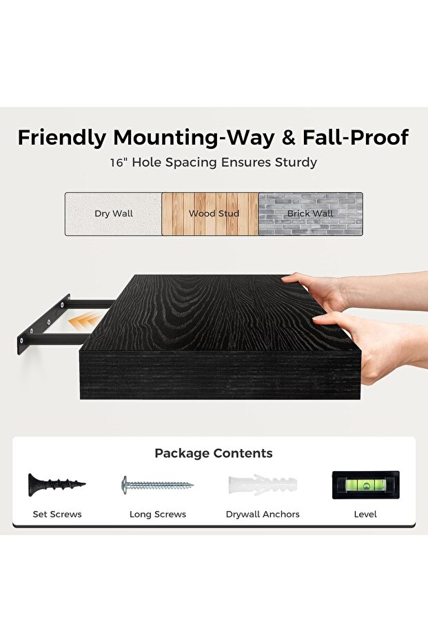 Deep Floating Shelf for Wall, Large Display Shelf Black Wood, 40x15x1.5cm