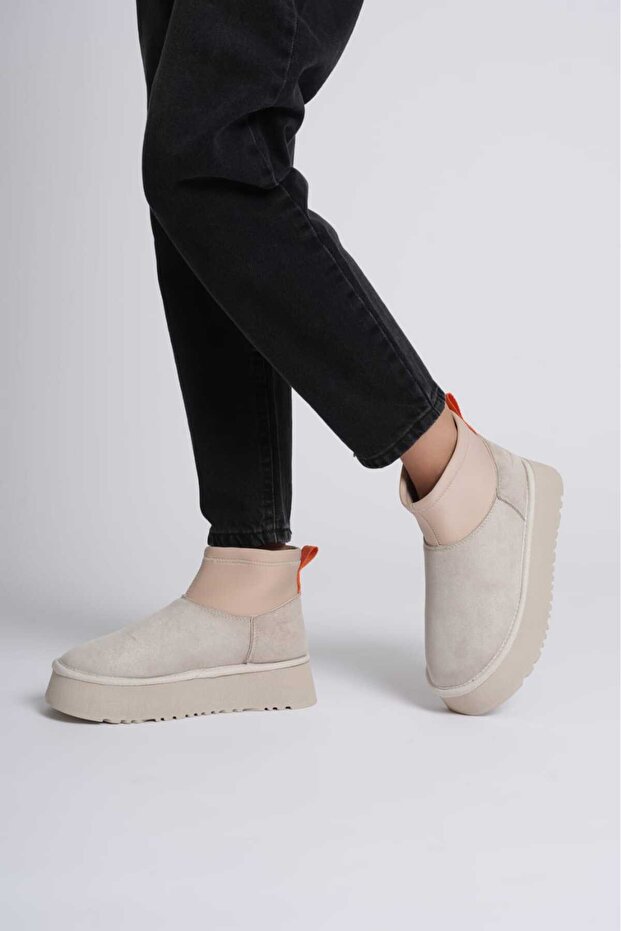 Beige Thick Sole Mini Boots Stretch Suede Boots