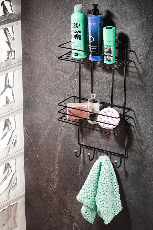 2-Tier Black Hooked Bathroom Shower Shelf, Shampoo Holder, with Washcloth/Bag Hanger, Metal Bathroom Organizer