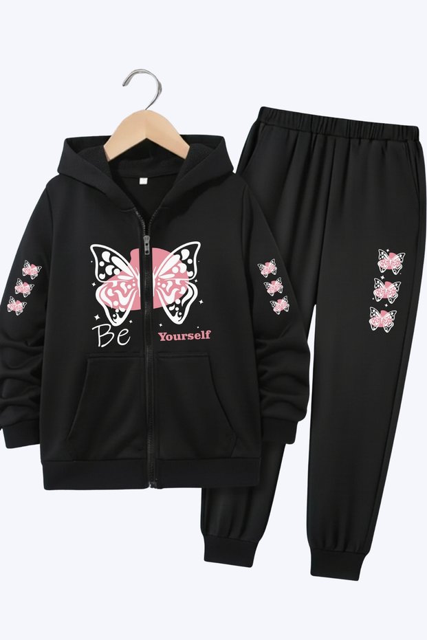 Zipped Hooded Butterfly Print Detail Girls' Tracksuit Set