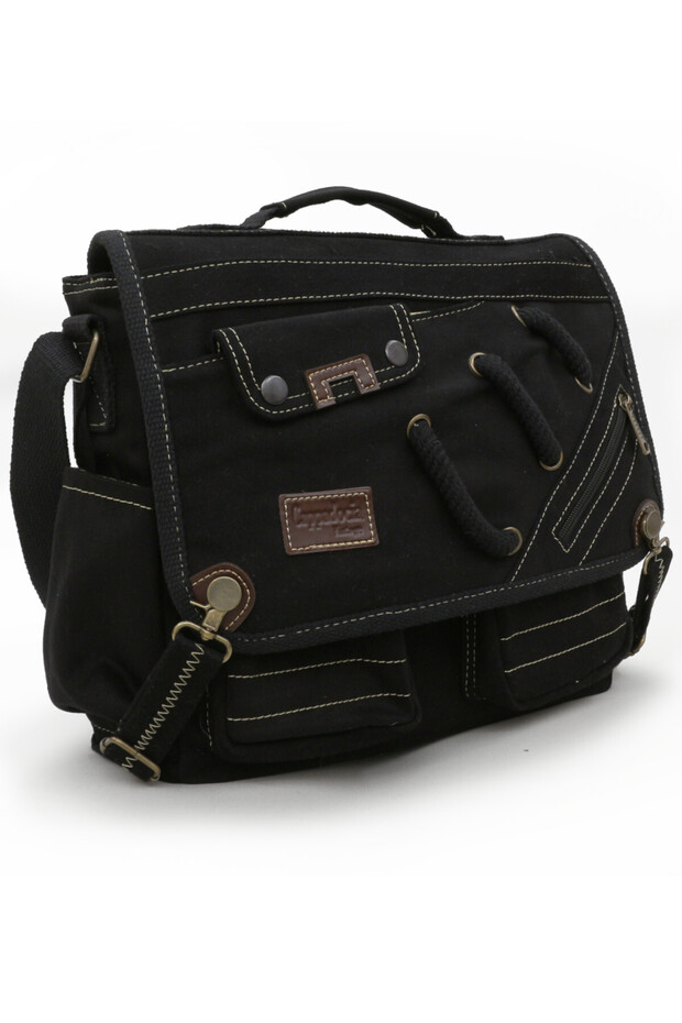 4017 Black 14-Inch Laptop Cotton Gabardine Messenger School Bag Unisex with Lock Multi-Pocket Shoulder Strap