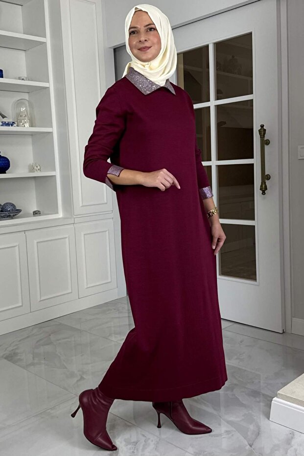 Pera Taşlı Triko Elbise Bordo - 6
