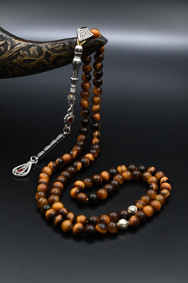 Natural Tiger's Eye Stone 99 Prayer Beads with Metal Tassel 6mm Sphere Cut 902277