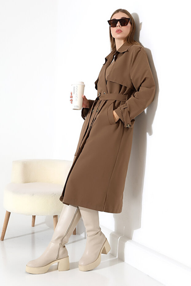 Amazon Linen Fabric Below-The-Knee Lined Slit Trendy Trench Coat Milk Coffee