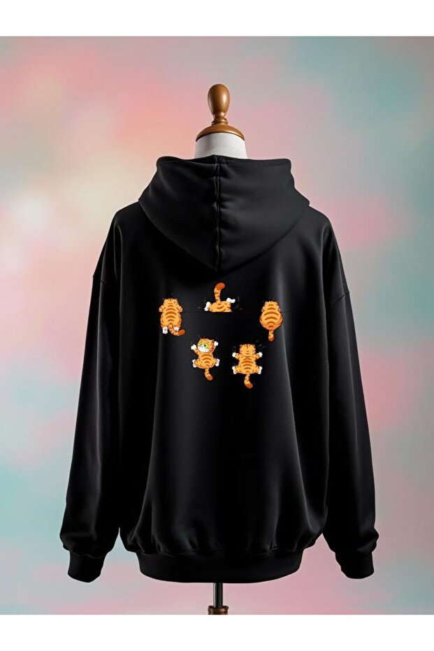 Cat Printed Cotton 3 Thread Oversized Black Sweatshirt