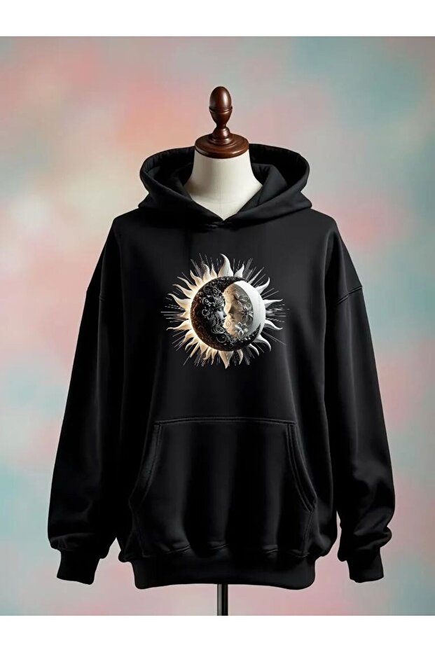 Moon and Sun Printed Cotton 3 Thread Oversize Black Sweatshirt