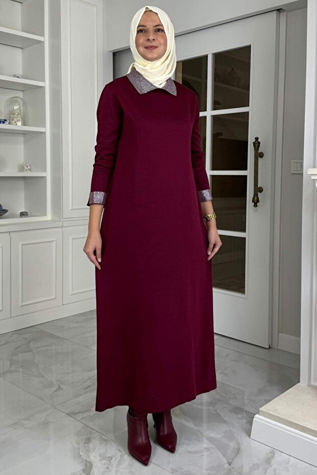 Pera Taşlı Triko Elbise Bordo - 1