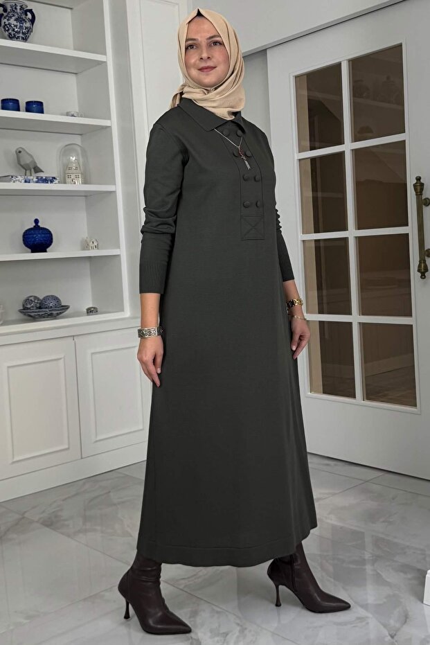 Laçin Triko Elbise Haki - 6