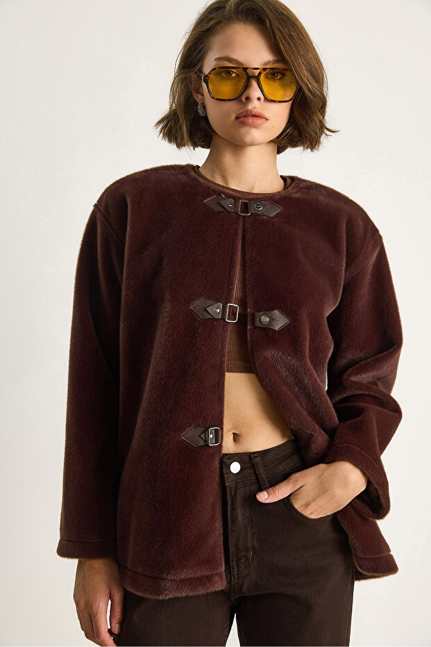 Women's Brown Leather Buckle Detailed Lined Wool Textured Short Coat 7022 60284077