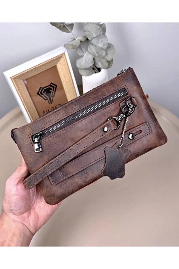 Genuine Leather Zippered Men's Handbag with Grip Strap 2113