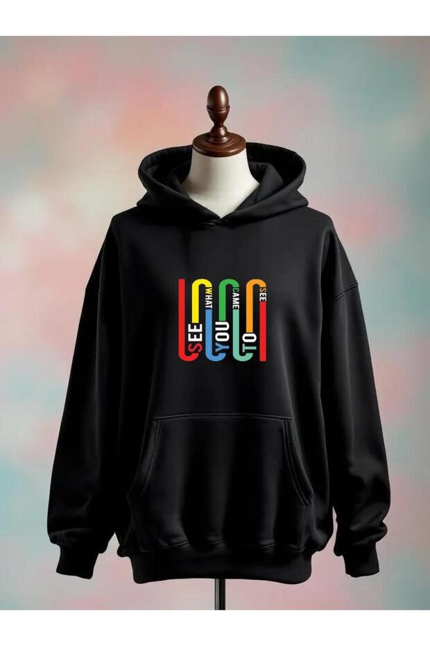 Printed Cotton 3 Thread Oversize Black Sweatshirt