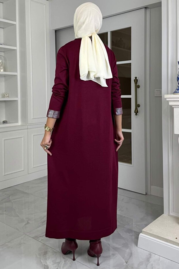 Pera Taşlı Triko Elbise Bordo - 5