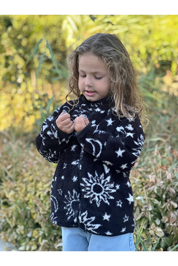 Unisex Children's Black Color Printed Plush Cardigan