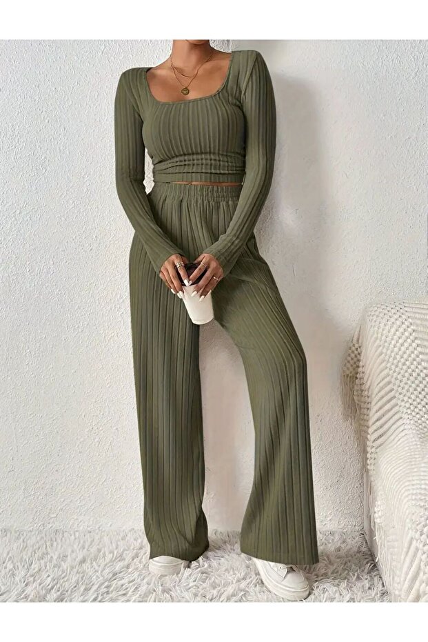 Women's Stripe Pattern Drawstring Detail Relaxed Fit Interlock Top and Bottom Set - 2