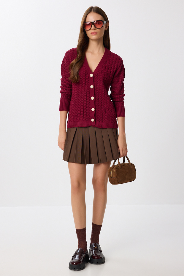 Hair Braided Buttoned Knitwear Cardigan Lnx0010 Bordo