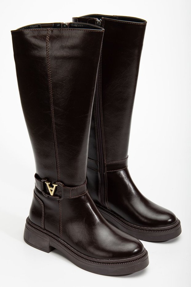 Women's Dark Brown Leather Buckle Detail Boots