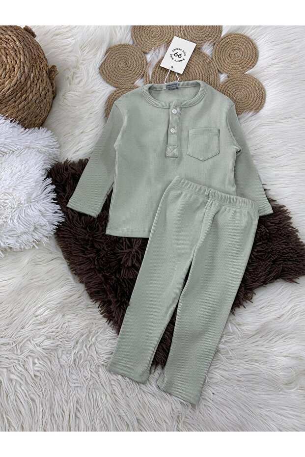 Baby Collar Buttoned Ribbed Soft Fabric Elastic Waist Baby 2-Piece Set