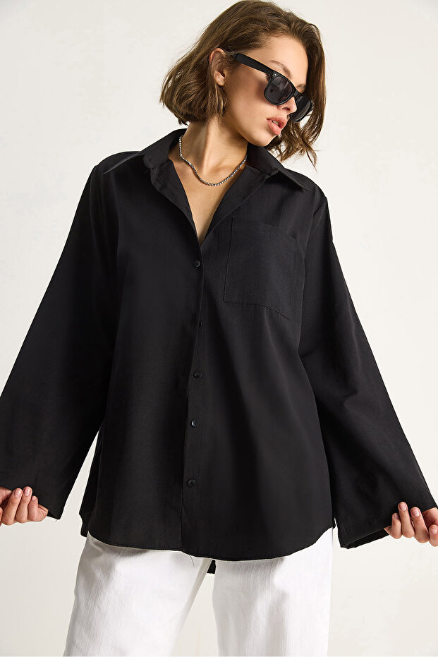 Kadın Geniş Kollu Tek Cep Detaylı Oversize Basic Poplin Gömlek 2144 60284103 - 2