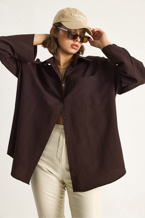 Kadın Geniş Kollu Tek Cep Detaylı Oversize Basic Poplin Gömlek 2144 60284103 - 3