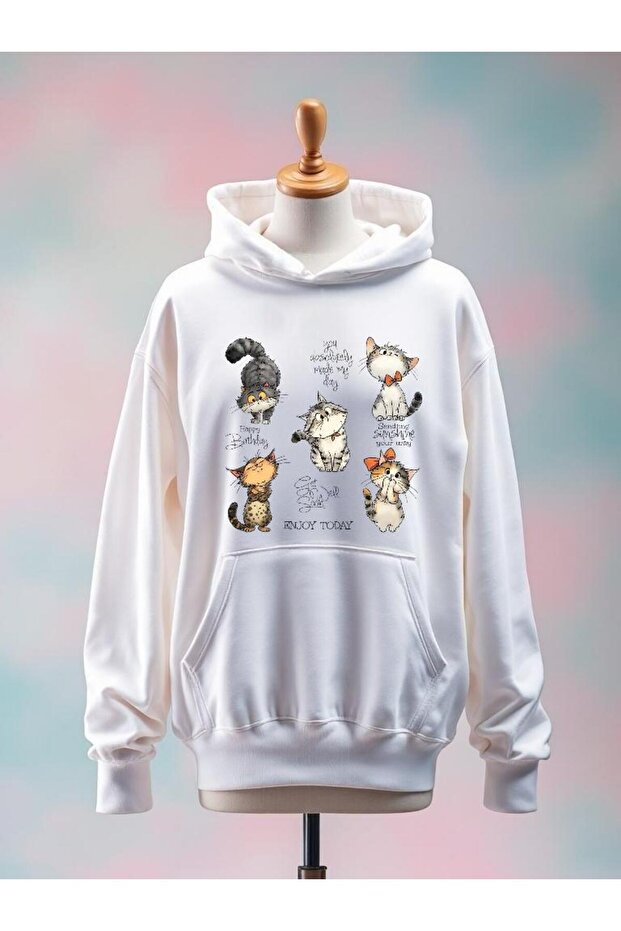 Cat Printed Cotton 3 Yarn Oversized White Sweatshirt