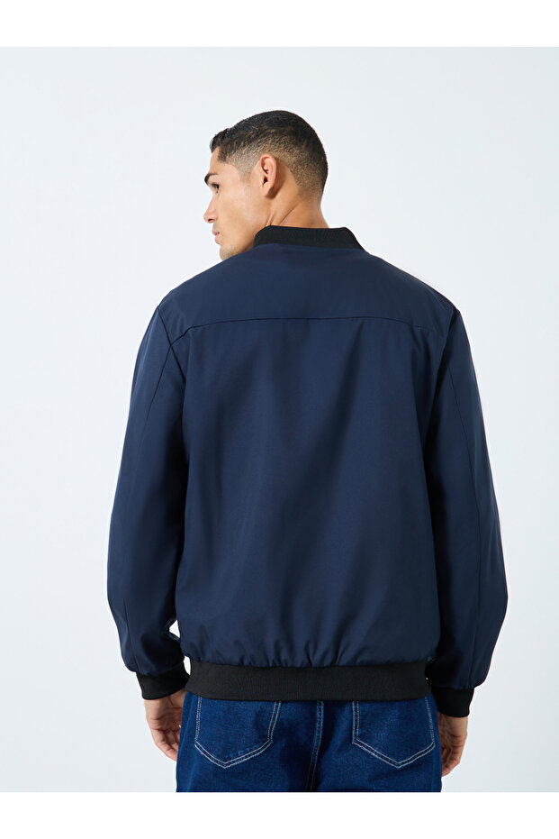 Men Dark Blue Solid Bomber Jacket - 5