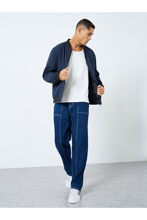 Men Dark Blue Solid Bomber Jacket - 2