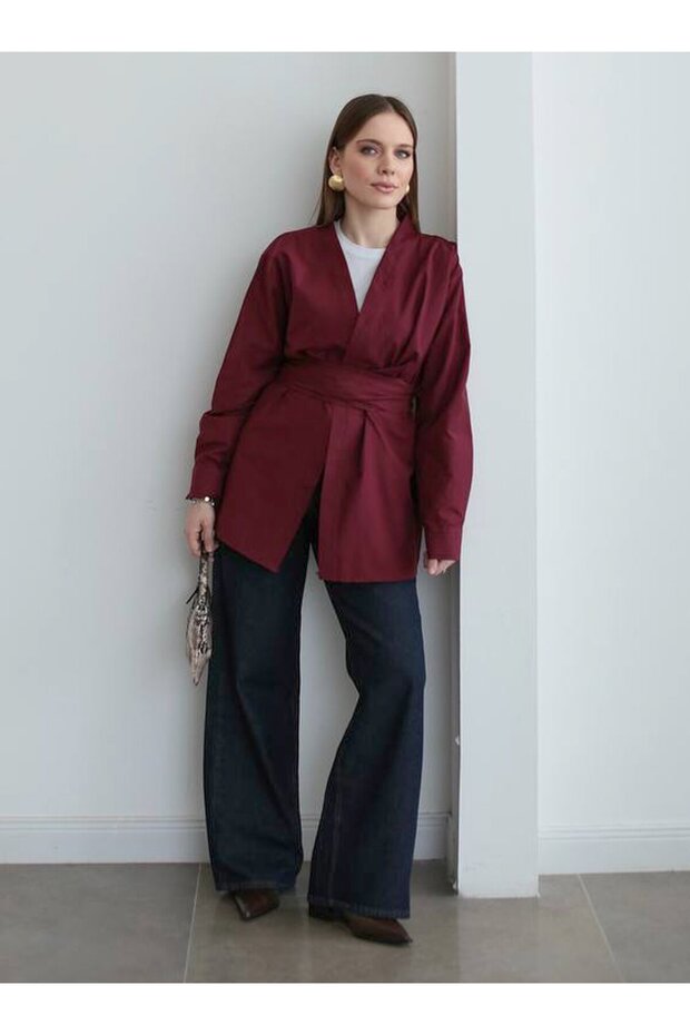 Belted Double Breasted Tunic - Burgundy - Mrs Poleen