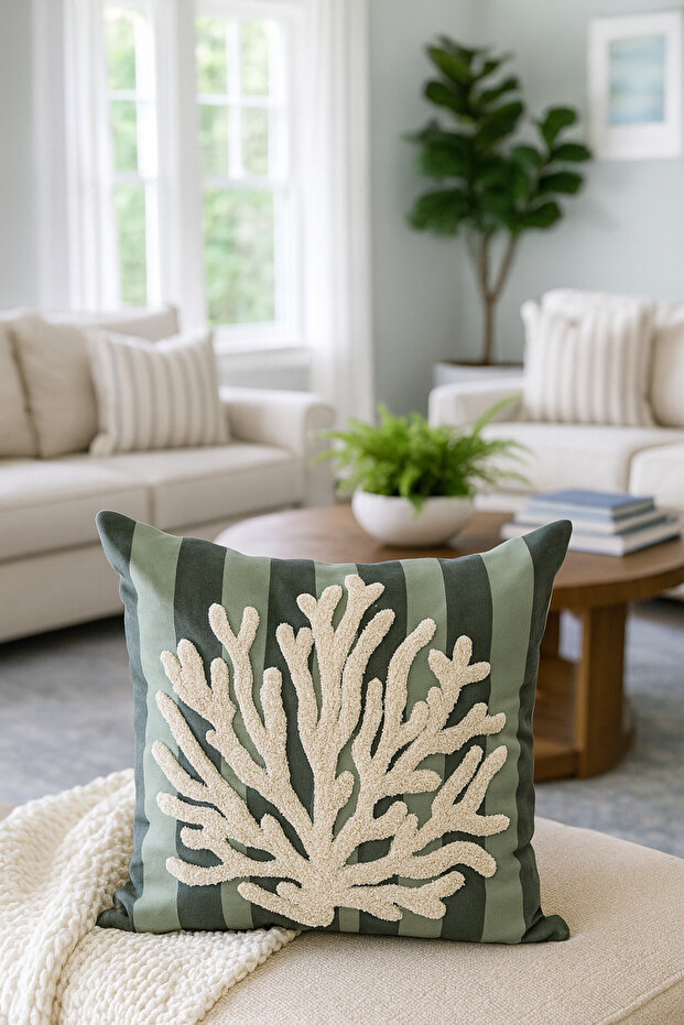 Punch Embroidered Throw Pillow Cover - 43*43 cm - Mold Green Coral - Pnk001