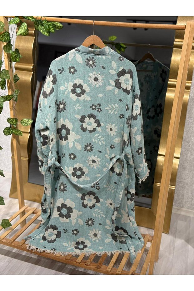 Muslin Kimono 100% Cotton Floral Patterned Jacquard Bathrobe Kaftan Dressing Gown Blue