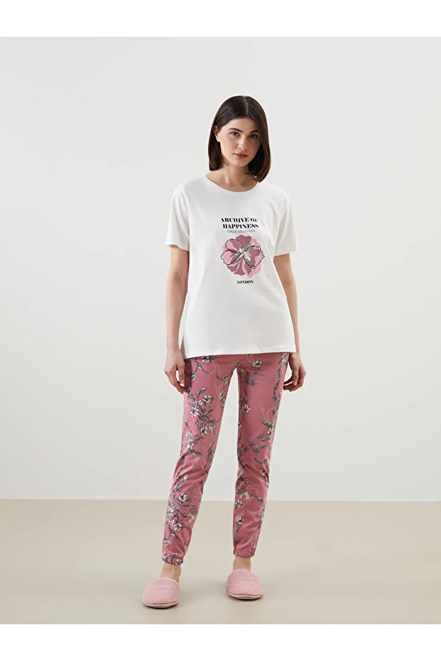 LCW DREAMPembe Bisiklet Yaka Çiçekli Kadın Pijama Takımı - 3
