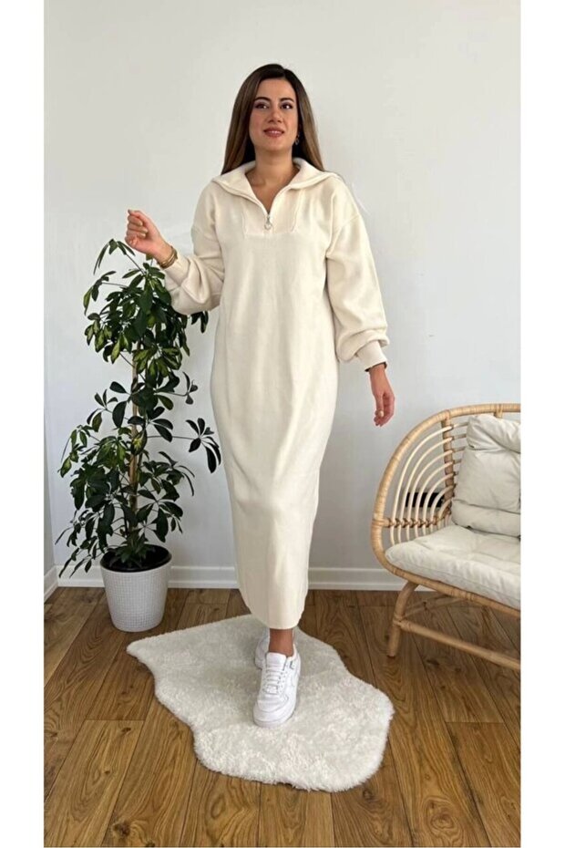 Women's Knitwear Long Dress High Neck Zipper Balloon Sleeve Hijab Dress Standard Size (between 36/44)