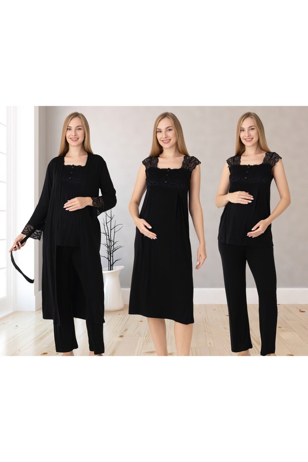 Lace-Detailed Elegant Robe, Nightgown, and Pajama 4-Piece Nursing and Maternity Set