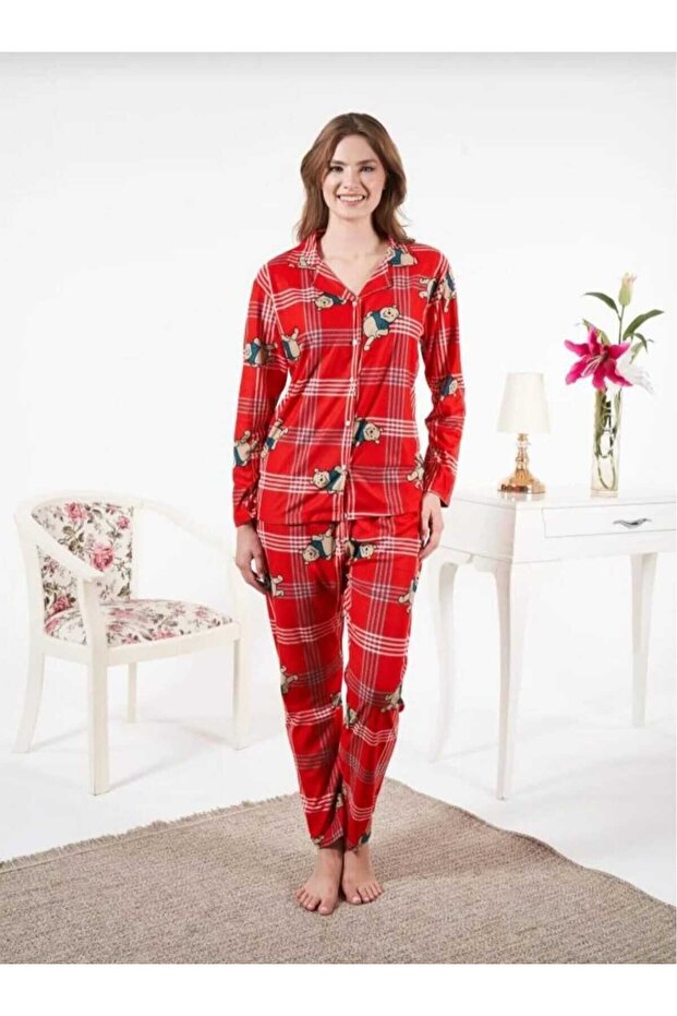Bear Printed Front Buttoned Suede Pajama Set