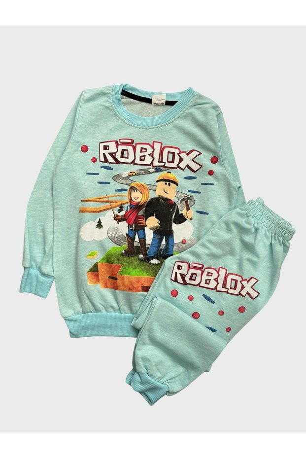 Boys' Cotton Fabric Blue Roblox Character Patterned Long Sleeve Winter Tracksuit Set